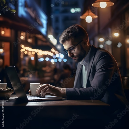 Late night marketing plan: Professional man typing on laptop in Restaurant