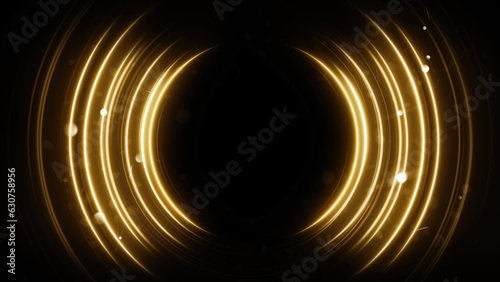 3d render circular golden neon rays with glitter particular in black background