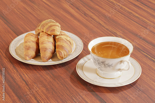 top view croissants in white plate on wooden table with hot tea drink isolated on brown background,bread ready for breakfast.