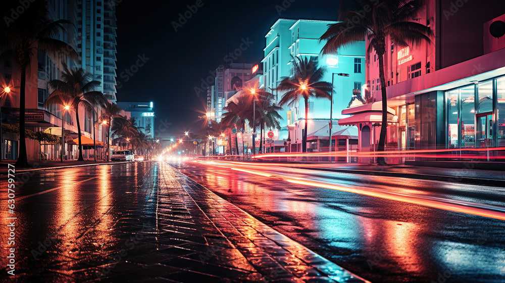 City Street Awash with Colors in Long Exposure. Generative AI