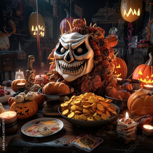 Festive table with food in honor of Halloween. AI generation. Illustration.