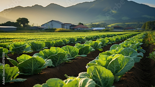 Organic Lettuce Thriving in a Sustainable Farm amidst Majestic Morning Mountains. Generative AI