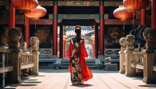 woman in chinese dress traditional at Sanfeng temple. Generative AI. photo