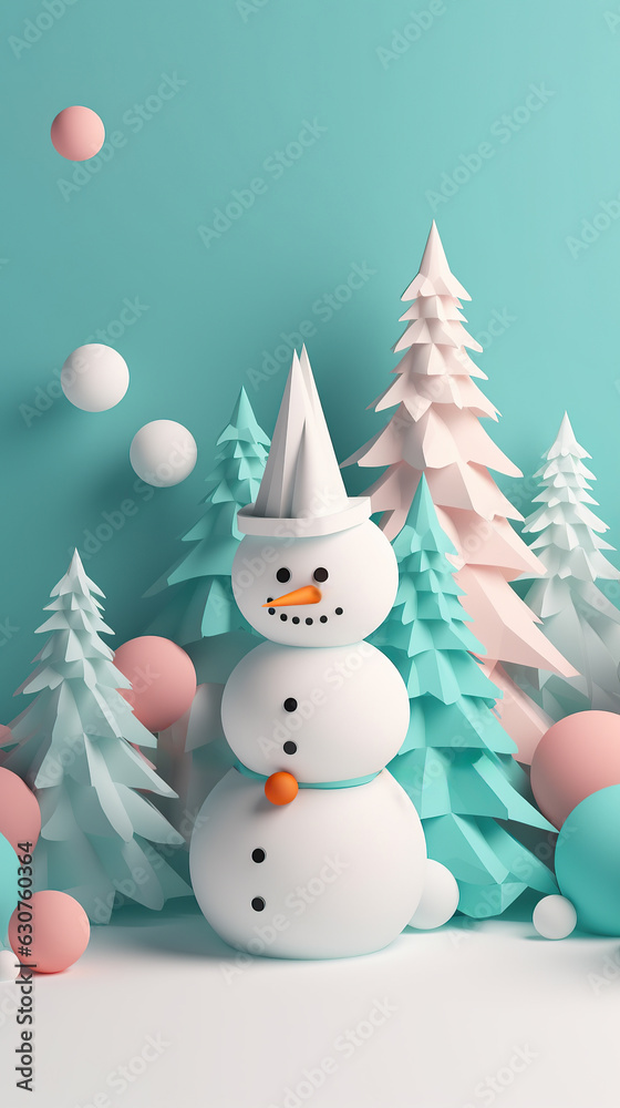 Funny  figure of a snowman  in winter Christmas festive landscape . Merry Christmas and Happy New Year. Christmas sale. Holiday background. AI generative