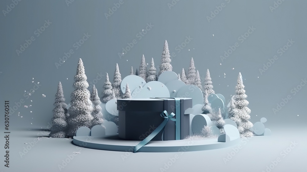 Fototapeta premium Gift box in winter Christmas festive landscape . Merry Christmas and Happy New Year. Christmas sale. Holiday background. AI generative