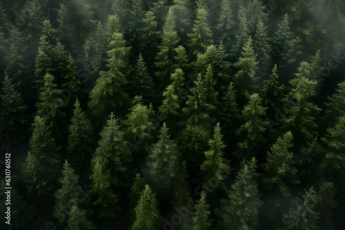 Aerial view of pines in the mountains, wood photo created with Generative AI technology
