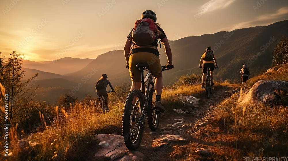 Embracing Dusk, Mountain Bikers in Harmony with Nature and Technology