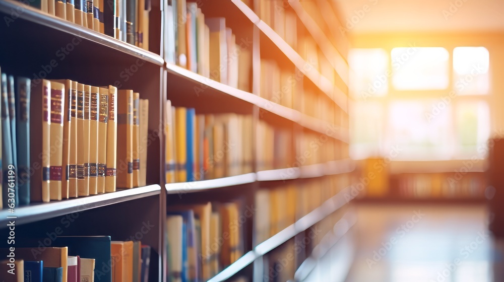 blurry college library. Bookshelves and a classroom in blurry focus. use as a backdrop or background in concepts. Generative Ai