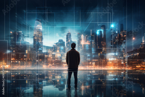 An image of a person from behind standing in front of a large holographic window looking at a futuristic cityscape.