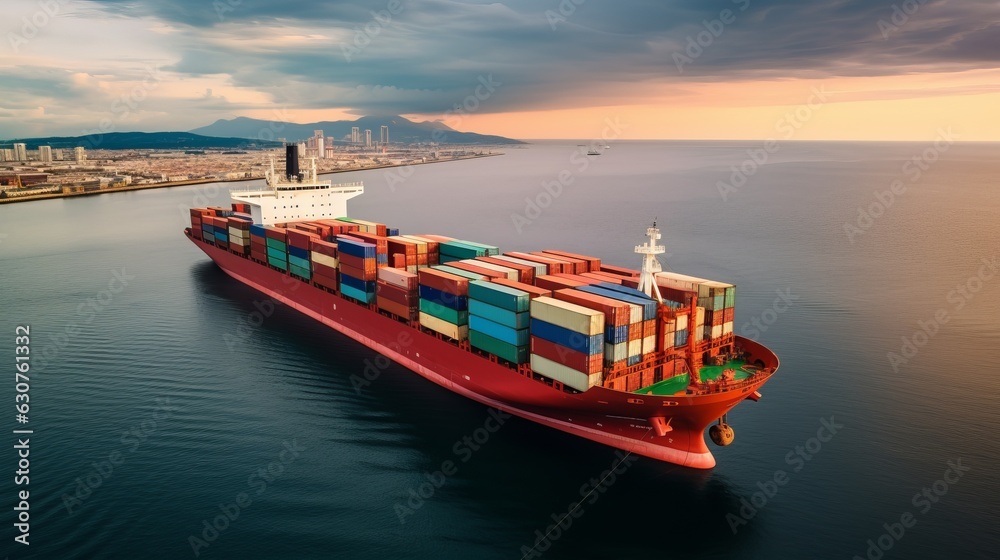 Drone view, container freight vessel in open sea, maritime shipping. AI generative