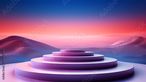 a stair-step podium set against a vibrant gradient backdrop. 3d render AI Generative