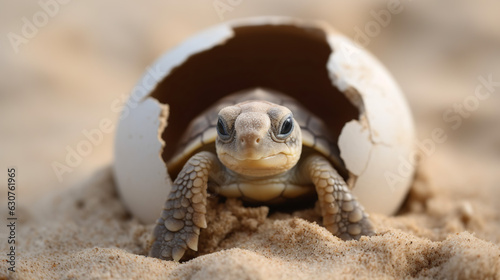 A newborn tortoise bravely emerges from its egg, nestled on a pristine white sand beach