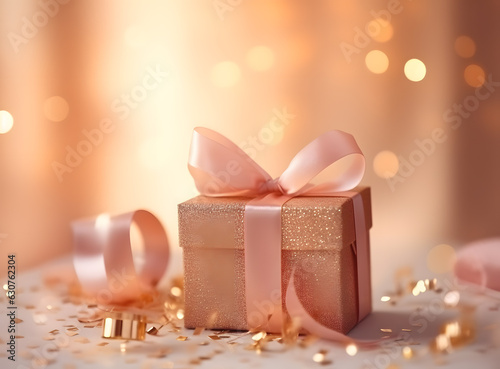 Gift box with a gold ribbon created with Generative AI technology © Oksana