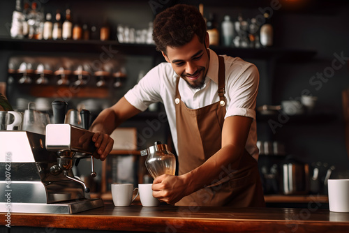 Barista at work. Guy makes coffee