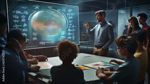 A picture of a modern classroom with students using holographic tablets and a teacher presenting on a holographic screen.