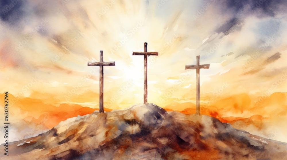 The cross on the mountain with sun light on watercolor style. AI generative. The cross on the mountain with sun light on watercolor style. AI generative.