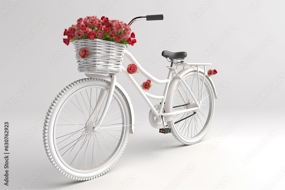white bicycle with basket of roses