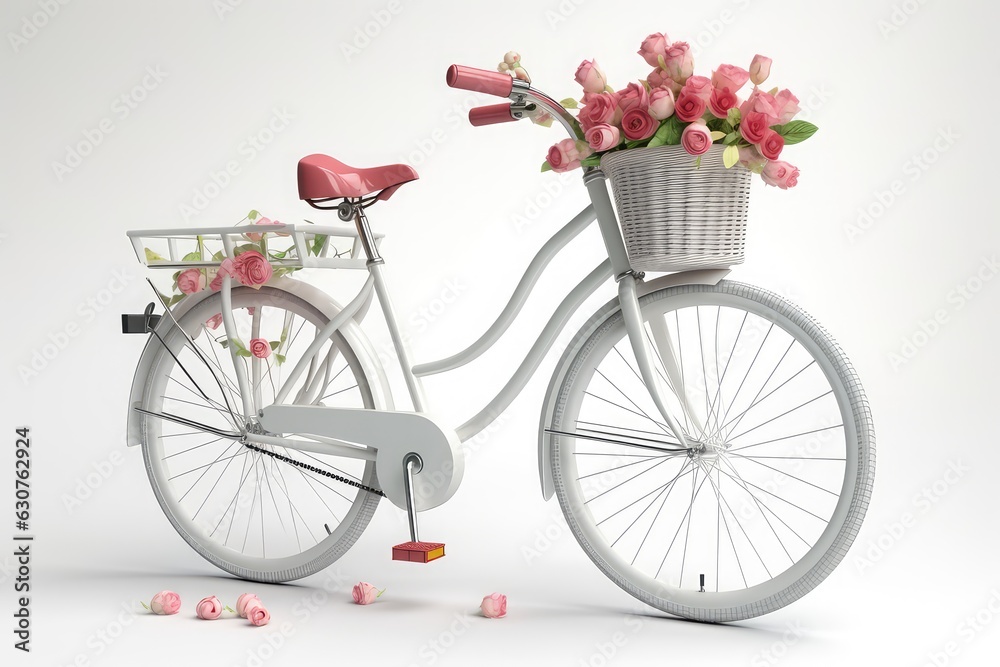 white bicycle with basket of roses