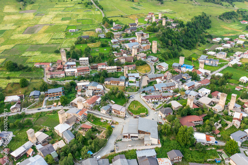 Mestia town in Svaneti, aerial view from drone. Famous Georgian historical place with Svan Towers. photo