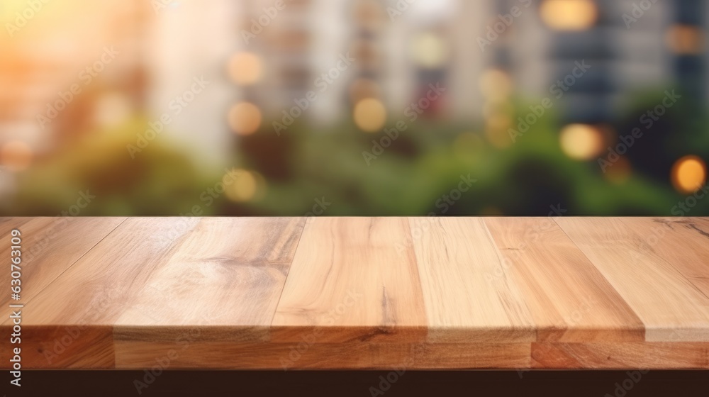 Wooden texture table top on blurred kitchen. AI generative.