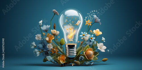 3D illustration energy concept.  Light bulb on a blue background with flowers created with Generative AI technology