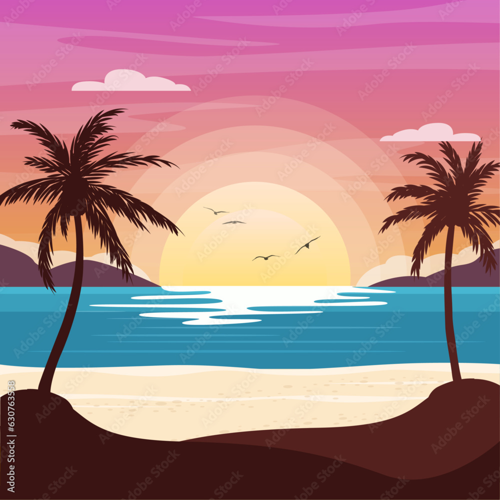 summer beach background with palm trees at sunset