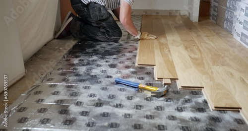 Professional floor fitting in vintage property, Interior designer's renovation showcase, Architect's home renovation process, Worker installing parquet, Stunning visuals of parquet placement