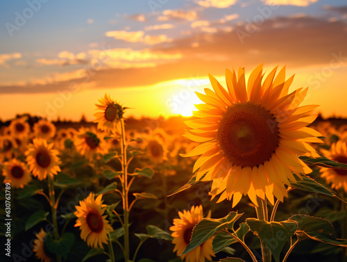 A shot of a field of sunflowers at sunset capturing the tranquility of rural life. photo