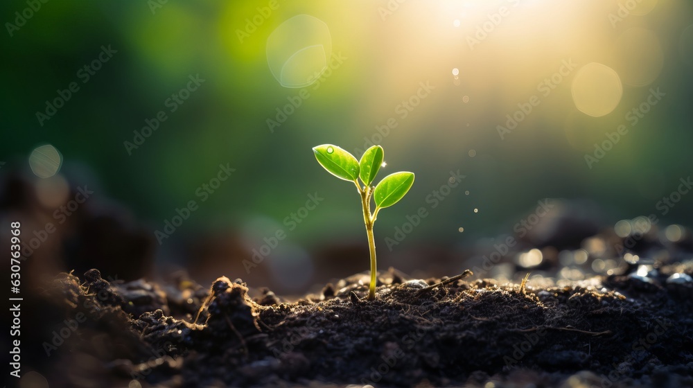 Young plant with drop of water in sunlight. AI generative.