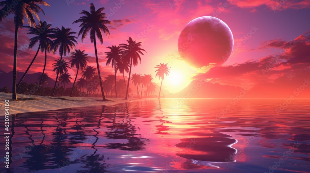Sunset on the beach. Retro palms sci fi style. AI generative.