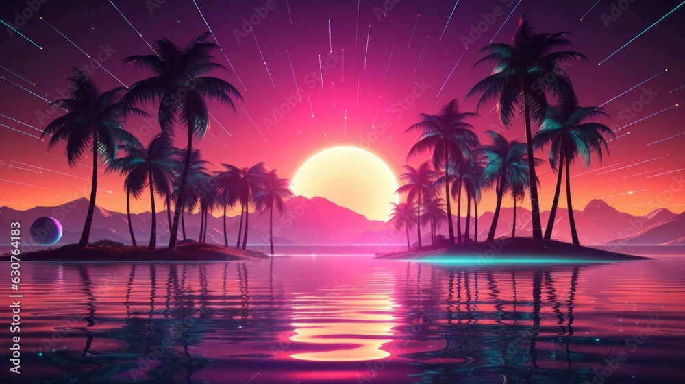 Sunset on the beach. Retro palms sci fi style. AI generative.