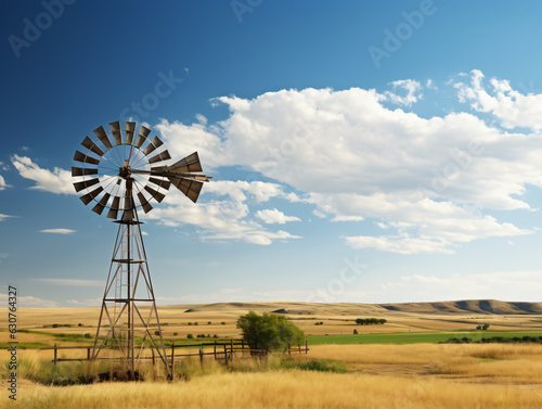 A shot of an old wooden windmill in a rural landscape under a cloudy sky.