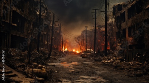 A burned city street with no life. AI generative.