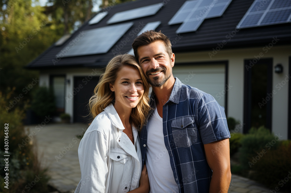 Portrait of happy couple standing by house with solar panels on roof Portrait of happy couple standing by house with solar panels on roof