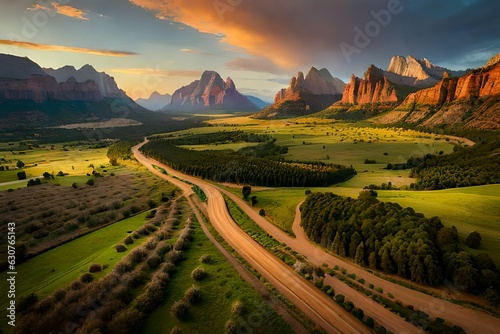 landscape of region Country road through orchards and ranch land below peaks of Zion National Park Utah