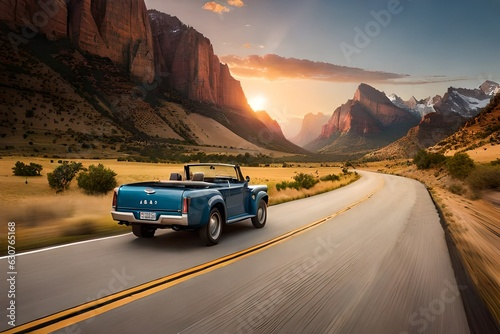 Car on the Country road through orchards and ranch land below peaks of Zion National Park Utah © sarmad