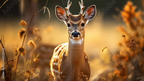 Wildlife scene in nature. Adorable deer fawn in forest. Generative AI