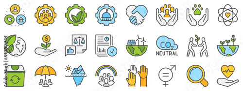 Colored line icons about ESG environmental, social and corporate governance with editable stroke.