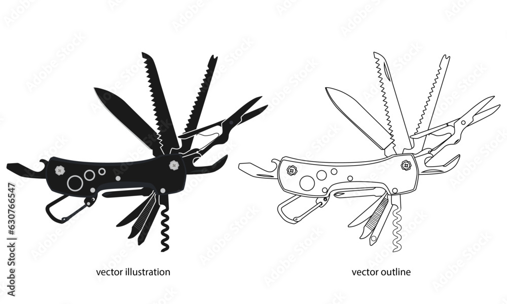 Vetor de Pocket Knife icon, army knife, outline icon, Silhouette of
