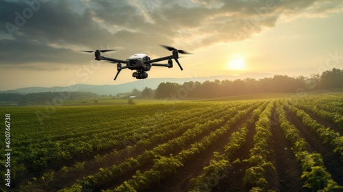 Drone flying over a cultivated field. AI generative.