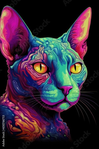 Burmese Sphynx cat psychedelic look. Generative AI