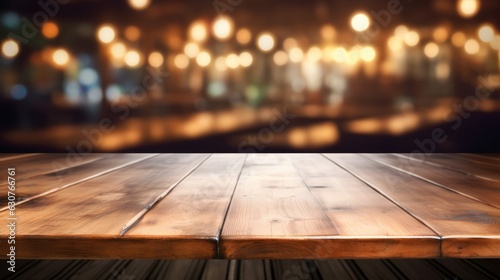 The empty wooden table top with blur background of restaurant at night. Exuberant image. Generative AI © vadymstock