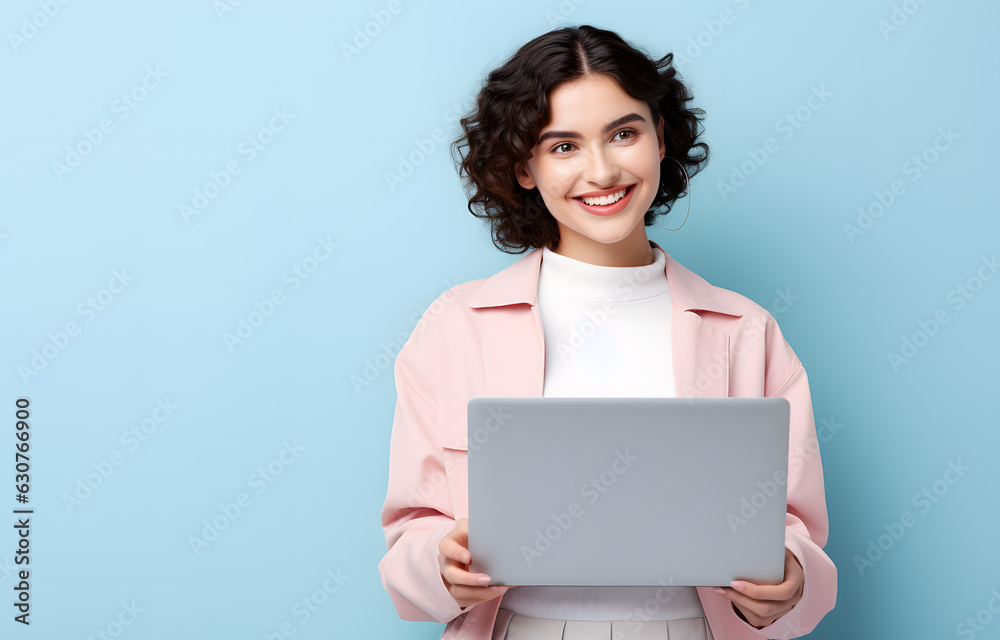 Smiling pretty woman with laptop in front of pastel wall created with Generative AI technology Smiling pretty woman with laptop in front of pastel wall created with Generative AI technology