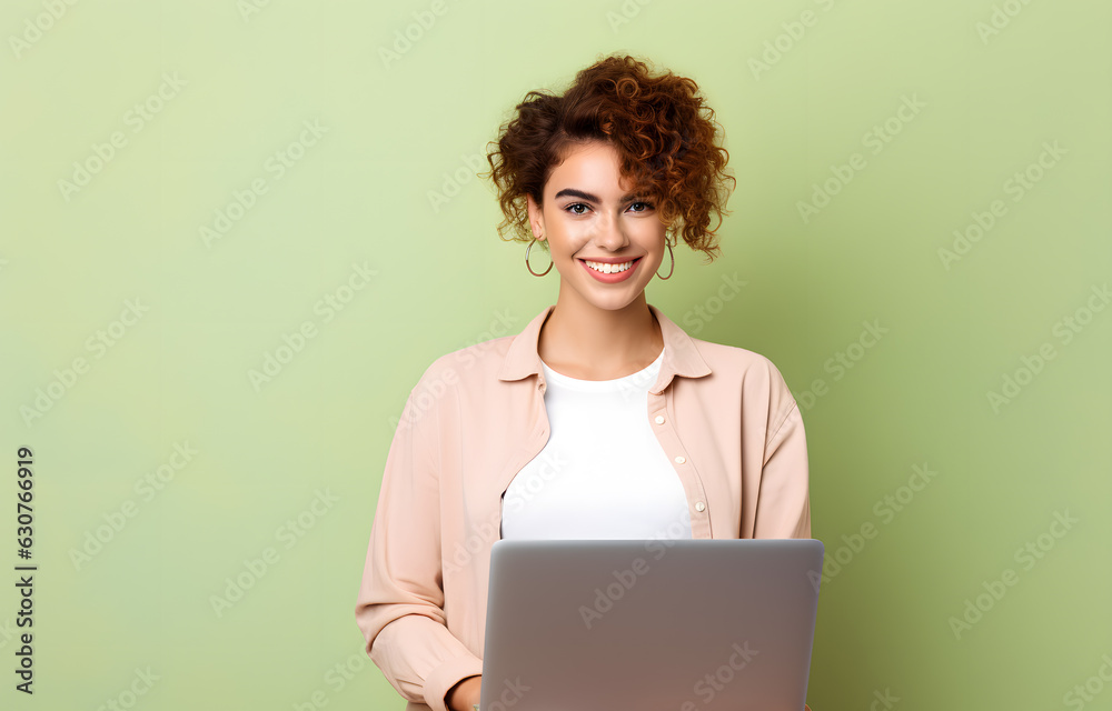 Smiling pretty woman with laptop in front of pastel wall created with Generative AI technology Smiling pretty woman with laptop in front of pastel wall created with Generative AI technology
