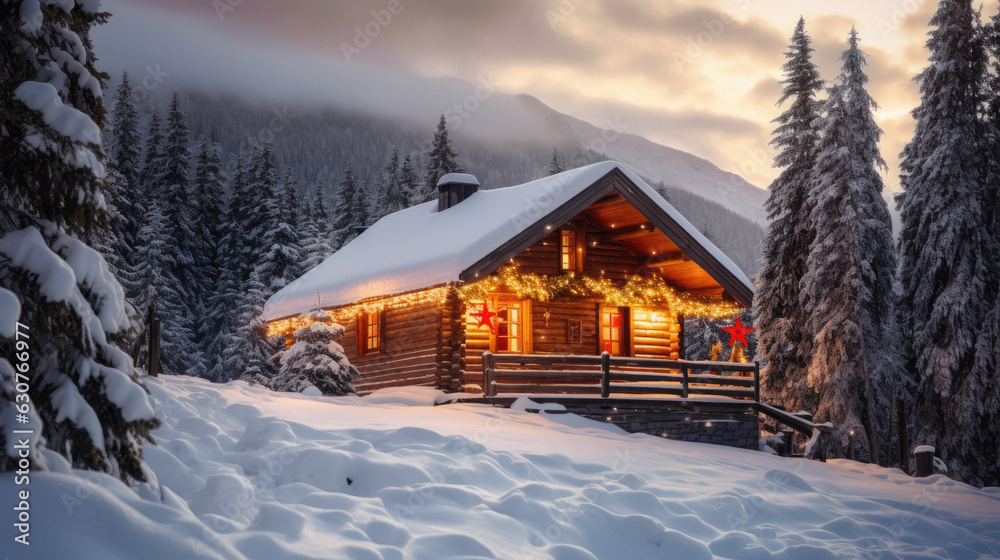 Christmas winter house cottage in wild mountain forest snow