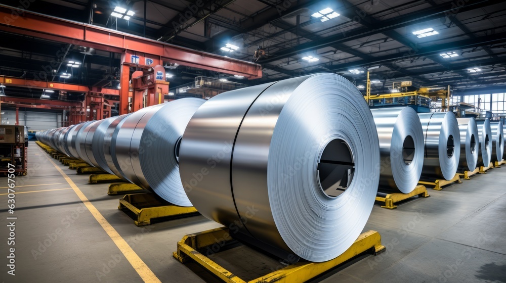 Large aluminium steel rolls in the factory. AI generative. - obrazy, fototapety, plakaty 