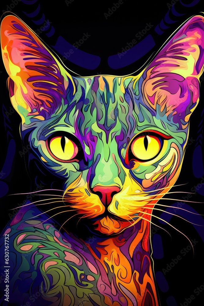 Egyptian Mau Sphynx cat psychedelic look. Generative AI
