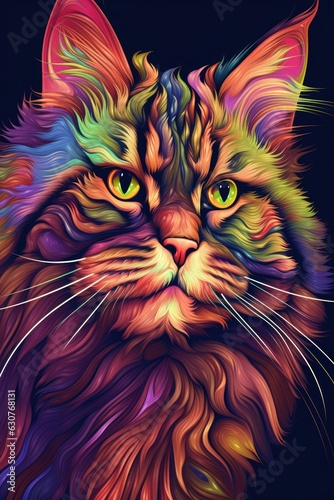 Highland Lynx Persian cat psychedelic look. Generative AI