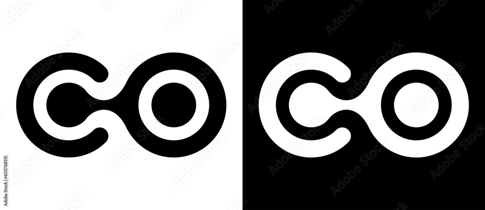 Abstract linked letter C and O like logo or icon. Black shape on a white background and the same white shape on the black side. Abstract linked letter C and O like logo or icon. Black shape on a white background and the same white shape on the black side.