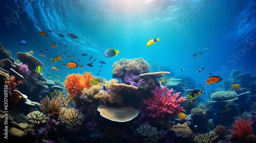 Colorful coral reef with fishes and corals photo background created with Generative AI technology
